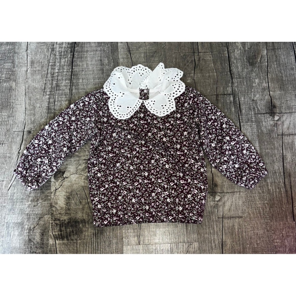 Tahari Baby Girl Burgundy Floral Fleece Top w/ Oversized Eyelet Lace Collar 24M